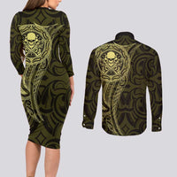 New Zealand Skull Darts Couples Matching Long Sleeve Bodycon Dress and Long Sleeve Button Shirt Aotearoa Maori Chest Tattoo Stylized Gold LT14 - Polynesian Pride