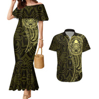 New Zealand Skull Darts Couples Matching Mermaid Dress and Hawaiian Shirt Aotearoa Maori Chest Tattoo Stylized Gold LT14 Gold - Polynesian Pride