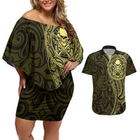 New Zealand Skull Darts Couples Matching Off Shoulder Short Dress and Hawaiian Shirt Aotearoa Maori Chest Tattoo Stylized Gold LT14 Gold - Polynesian Pride