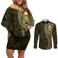 New Zealand Skull Darts Couples Matching Off Shoulder Short Dress and Long Sleeve Button Shirt Aotearoa Maori Chest Tattoo Stylized Gold LT14 Gold - Polynesian Pride