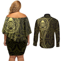 New Zealand Skull Darts Couples Matching Off Shoulder Short Dress and Long Sleeve Button Shirt Aotearoa Maori Chest Tattoo Stylized Gold LT14 - Polynesian Pride