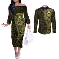 New Zealand Skull Darts Couples Matching Off The Shoulder Long Sleeve Dress and Long Sleeve Button Shirt Aotearoa Maori Chest Tattoo Stylized Gold LT14 Gold - Polynesian Pride