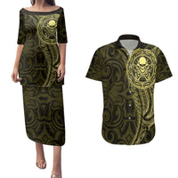 New Zealand Skull Darts Couples Matching Puletasi and Hawaiian Shirt Aotearoa Maori Chest Tattoo Stylized Gold LT14 Gold - Polynesian Pride