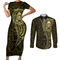 New Zealand Skull Darts Couples Matching Short Sleeve Bodycon Dress and Long Sleeve Button Shirt Aotearoa Maori Chest Tattoo Stylized Gold LT14 Gold - Polynesian Pride