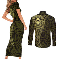 New Zealand Skull Darts Couples Matching Short Sleeve Bodycon Dress and Long Sleeve Button Shirt Aotearoa Maori Chest Tattoo Stylized Gold LT14 - Polynesian Pride