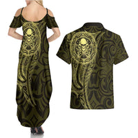 New Zealand Skull Darts Couples Matching Summer Maxi Dress and Hawaiian Shirt Aotearoa Maori Chest Tattoo Stylized Gold LT14 - Polynesian Pride
