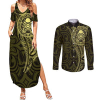 New Zealand Skull Darts Couples Matching Summer Maxi Dress and Long Sleeve Button Shirt Aotearoa Maori Chest Tattoo Stylized Gold LT14 Gold - Polynesian Pride