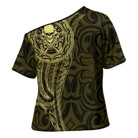 New Zealand Skull Darts Cross Shoulder Shirt Aotearoa Maori Chest Tattoo Stylized Gold LT14 - Polynesian Pride