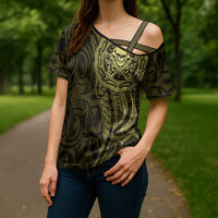 New Zealand Skull Darts Cross Shoulder Shirt Aotearoa Maori Chest Tattoo Stylized Gold LT14 - Polynesian Pride