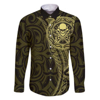 New Zealand Skull Darts Family Matching Off The Shoulder Long Sleeve Dress and Hawaiian Shirt Aotearoa Maori Chest Tattoo Stylized Gold LT14 Dad's Shirt - Long Sleeve Gold - Polynesian Pride
