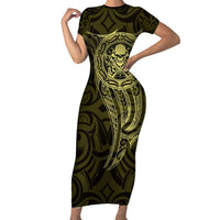 New Zealand Skull Darts Family Matching Short Sleeve Bodycon Dress and Hawaiian Shirt Aotearoa Maori Chest Tattoo Stylized Gold LT14 Mom's Dress Gold - Polynesian Pride