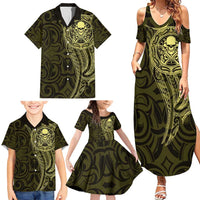 New Zealand Skull Darts Family Matching Summer Maxi Dress and Hawaiian Shirt Aotearoa Maori Chest Tattoo Stylized Gold LT14 - Polynesian Pride
