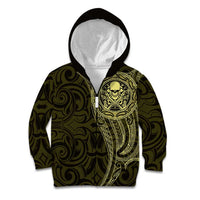 New Zealand Skull Darts Kid Hoodie Aotearoa Maori Chest Tattoo Stylized Gold LT14 Zip Hoodie Gold - Polynesian Pride