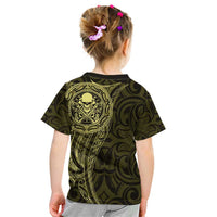 New Zealand Skull Darts Kid T Shirt Aotearoa Maori Chest Tattoo Stylized Gold LT14 - Polynesian Pride