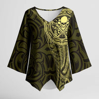 New Zealand Skull Darts Kimono Sleeve Blouse Aotearoa Maori Chest Tattoo Stylized Gold LT14 Female Gold - Polynesian Pride
