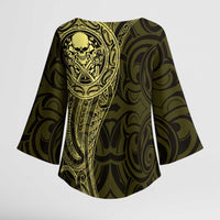 New Zealand Skull Darts Kimono Sleeve Blouse Aotearoa Maori Chest Tattoo Stylized Gold LT14 - Polynesian Pride