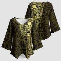 New Zealand Skull Darts Kimono Sleeve Blouse Aotearoa Maori Chest Tattoo Stylized Gold LT14 - Polynesian Pride
