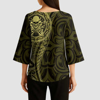 New Zealand Skull Darts Kimono Sleeve Blouse Aotearoa Maori Chest Tattoo Stylized Gold LT14 - Polynesian Pride