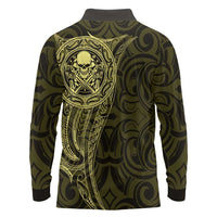 New Zealand Skull Darts Long Sleeve Polo Shirt Aotearoa Maori Chest Tattoo Stylized Gold LT14 - Polynesian Pride