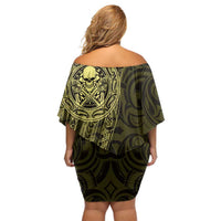 New Zealand Skull Darts Off Shoulder Short Dress Aotearoa Maori Chest Tattoo Stylized Gold LT14 - Polynesian Pride