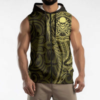 New Zealand Skull Darts Sleeveless Zip Hoodie Aotearoa Maori Chest Tattoo Stylized Gold LT14 - Polynesian Pride