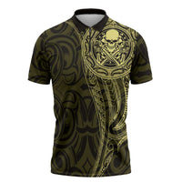 New Zealand Skull Darts Zipper Polo Shirt Aotearoa Maori Chest Tattoo Stylized Gold LT14 Gold - Polynesian Pride