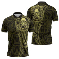 New Zealand Skull Darts Zipper Polo Shirt Aotearoa Maori Chest Tattoo Stylized Gold LT14 - Polynesian Pride