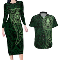 New Zealand Skull Darts Couples Matching Long Sleeve Bodycon Dress and Hawaiian Shirt Aotearoa Maori Chest Tattoo Stylized Green LT14 Green - Polynesian Pride