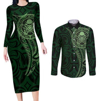 New Zealand Skull Darts Couples Matching Long Sleeve Bodycon Dress and Long Sleeve Button Shirt Aotearoa Maori Chest Tattoo Stylized Green LT14 Green - Polynesian Pride