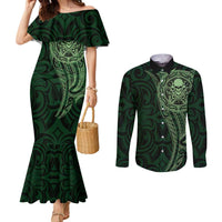 New Zealand Skull Darts Couples Matching Mermaid Dress and Long Sleeve Button Shirt Aotearoa Maori Chest Tattoo Stylized Green LT14 Green - Polynesian Pride