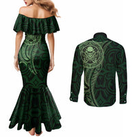 New Zealand Skull Darts Couples Matching Mermaid Dress and Long Sleeve Button Shirt Aotearoa Maori Chest Tattoo Stylized Green LT14 - Polynesian Pride