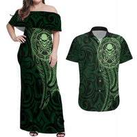 New Zealand Skull Darts Couples Matching Off Shoulder Maxi Dress and Hawaiian Shirt Aotearoa Maori Chest Tattoo Stylized Green LT14 Green - Polynesian Pride