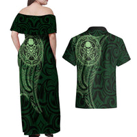 New Zealand Skull Darts Couples Matching Off Shoulder Maxi Dress and Hawaiian Shirt Aotearoa Maori Chest Tattoo Stylized Green LT14 - Polynesian Pride