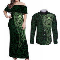 New Zealand Skull Darts Couples Matching Off Shoulder Maxi Dress and Long Sleeve Button Shirt Aotearoa Maori Chest Tattoo Stylized Green LT14 Green - Polynesian Pride