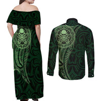 New Zealand Skull Darts Couples Matching Off Shoulder Maxi Dress and Long Sleeve Button Shirt Aotearoa Maori Chest Tattoo Stylized Green LT14 - Polynesian Pride