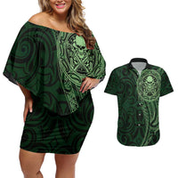 New Zealand Skull Darts Couples Matching Off Shoulder Short Dress and Hawaiian Shirt Aotearoa Maori Chest Tattoo Stylized Green LT14 Green - Polynesian Pride