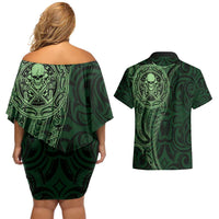 New Zealand Skull Darts Couples Matching Off Shoulder Short Dress and Hawaiian Shirt Aotearoa Maori Chest Tattoo Stylized Green LT14 - Polynesian Pride