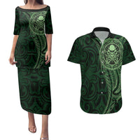 New Zealand Skull Darts Couples Matching Puletasi and Hawaiian Shirt Aotearoa Maori Chest Tattoo Stylized Green LT14 Green - Polynesian Pride