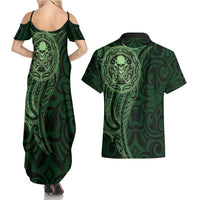 New Zealand Skull Darts Couples Matching Summer Maxi Dress and Hawaiian Shirt Aotearoa Maori Chest Tattoo Stylized Green LT14 - Polynesian Pride