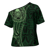 New Zealand Skull Darts Cross Shoulder Shirt Aotearoa Maori Chest Tattoo Stylized Green LT14 - Polynesian Pride