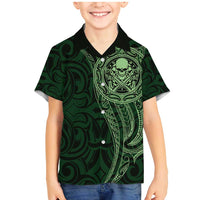 New Zealand Skull Darts Family Matching Mermaid Dress and Hawaiian Shirt Aotearoa Maori Chest Tattoo Stylized Green LT14 Son's Shirt Green - Polynesian Pride
