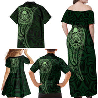 New Zealand Skull Darts Family Matching Off Shoulder Maxi Dress and Hawaiian Shirt Aotearoa Maori Chest Tattoo Stylized Green LT14 - Polynesian Pride