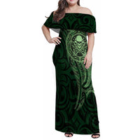 New Zealand Skull Darts Family Matching Off Shoulder Maxi Dress and Hawaiian Shirt Aotearoa Maori Chest Tattoo Stylized Green LT14 Mom's Dress Green - Polynesian Pride