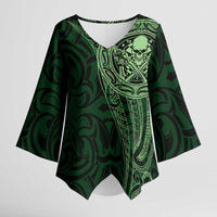 New Zealand Skull Darts Kimono Sleeve Blouse Aotearoa Maori Chest Tattoo Stylized Green LT14 Female Green - Polynesian Pride