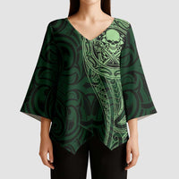 New Zealand Skull Darts Kimono Sleeve Blouse Aotearoa Maori Chest Tattoo Stylized Green LT14 - Polynesian Pride