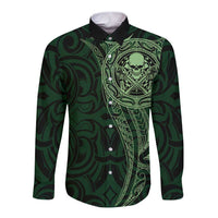 New Zealand Skull Darts Long Sleeve Button Shirt Aotearoa Maori Chest Tattoo Stylized Green LT14 Unisex Green - Polynesian Pride