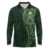 New Zealand Skull Darts Long Sleeve Polo Shirt Aotearoa Maori Chest Tattoo Stylized Green LT14 Green - Polynesian Pride