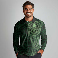 New Zealand Skull Darts Long Sleeve Polo Shirt Aotearoa Maori Chest Tattoo Stylized Green LT14 - Polynesian Pride
