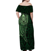 New Zealand Skull Darts Off Shoulder Maxi Dress Aotearoa Maori Chest Tattoo Stylized Green LT14 - Polynesian Pride