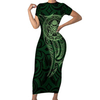 New Zealand Skull Darts Short Sleeve Bodycon Dress Aotearoa Maori Chest Tattoo Stylized Green LT14 Long Dress Green - Polynesian Pride
